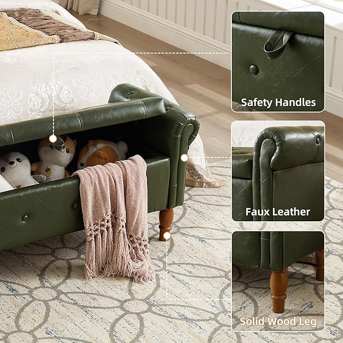Storage Ottoman Bench, 50" Modern Upholstered End of Bed Bench, Faux Leather Rolled Armed Button-Tufted Ottoman with Storage for Living Room, Entryway, Window, Green