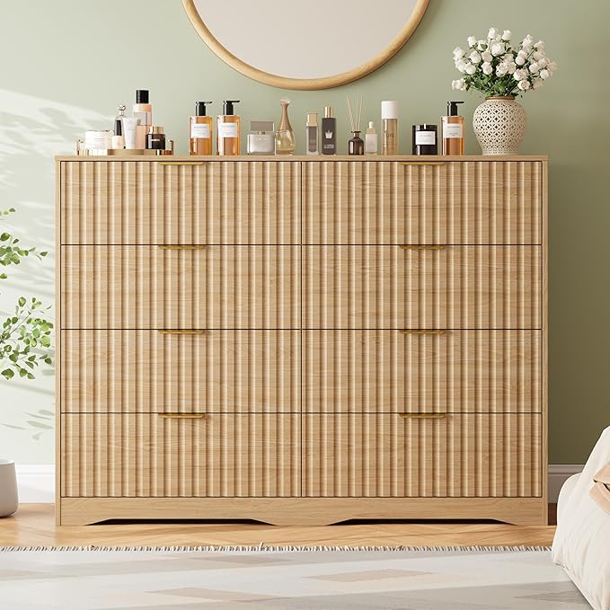 Fluted 8 Drawers Dresser for Bedroom, 55" Wide Wood Dressers Chest of Drawers with Metal Handle, Mid Century Modern Dresser Storage Organizer for Living Room, Natural Oak