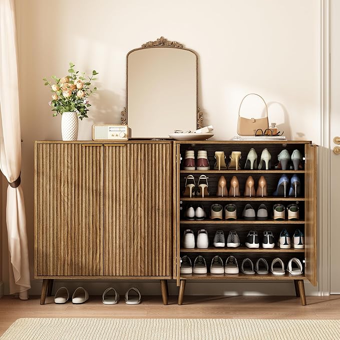 Fluted Shoe Cabinet with Doors, 5-Tier Shoe Storage Cabinet with Adjustable Shelves, Wooden Freestanding Shoe Organizer Shoe Cabinet for Entryway,Hallway,Living Room, Natural Oak