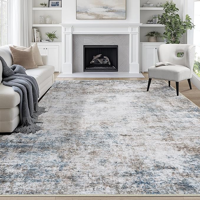 10x14 Area Rugs for Living Room Rug Washable: Abstract Large Rug Indoor Modern Carpet Non Slip for Dining Room Bedroom Nursery Home Office White Brown Blue