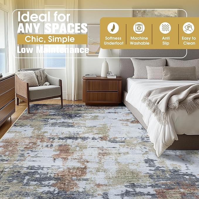 9x12 Area Rugs for Living Room Rug Washable: Abstract Large Rug for Dining Room Bedroom Carpet Non Slip 9 by 12 Indoor Modern Nursery Home Office Yellow Brown