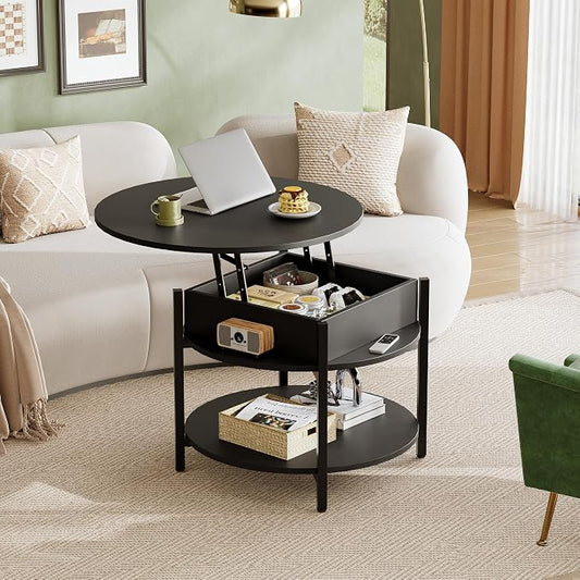 WLIVE Round Lift Top Coffee Table with Storage Shelf and Hidden Compartment, Farmhouse Small Coffee Table with 2 Tier for Living Room and Home Office, Black