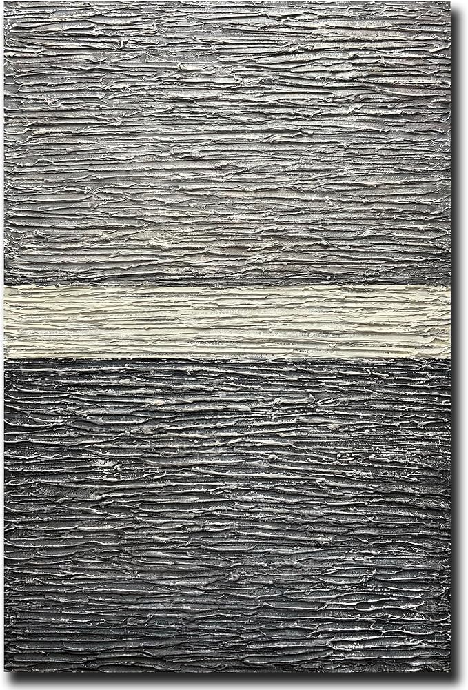 moshinart 24 x 36in Hand-Painted Oil Painting 3D Texture Black White Grey Modern Minimalist Black Abstract Wall Art, Home Office Wall Decoration Black White Grey