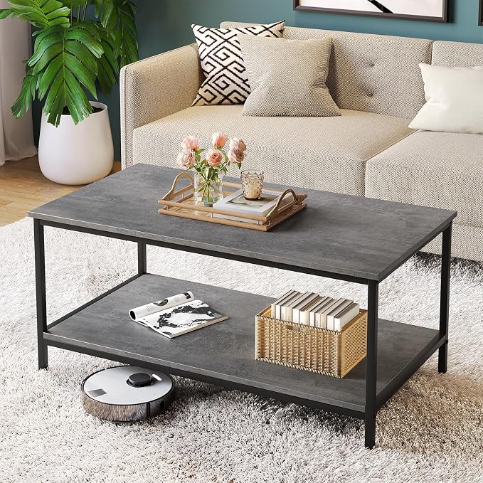 SAYGOER Coffee Table with Storage 2-Tier Industrial Center Table for Living Room, Rectangle Wood Table for Small Spaces Apartment Home Office, Concrete Gray