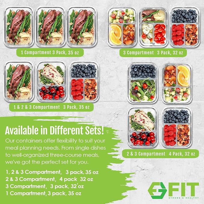 FIT Strong & Healthy Meal Prep Containers, 1 & 2 & 3 Compartments – Glass Bento Box Adult Lunch Box, Glass Containers Meal Prep with Lids, Container with Compartments, 35 oz, Black, 3 Pack
