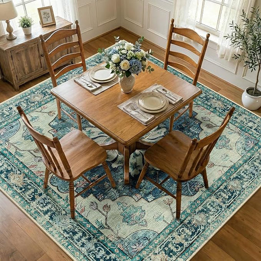 RELEANY Area Rugs Square 8ft Washable Non-Slip, Floral Vintage Distress Medallion Carpet for Living Room Bedroom Dining Room, Dark Blue Vintage