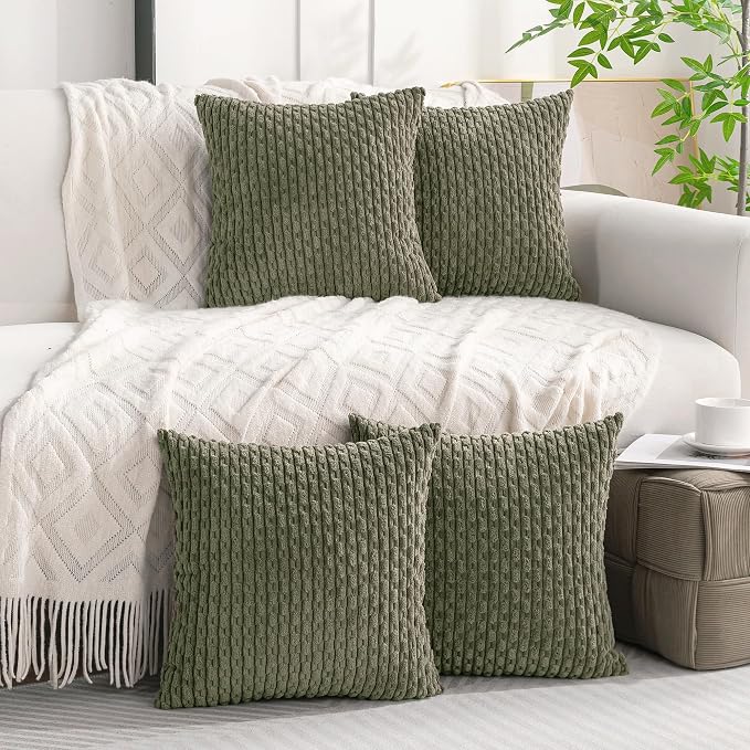Set of 4 Olive Green Decorative Throw Pillow Covers 24x24 Inch Corduroy Pillow Covers for Bed Couch Sofa Living Room Soft Square Cushion Cases