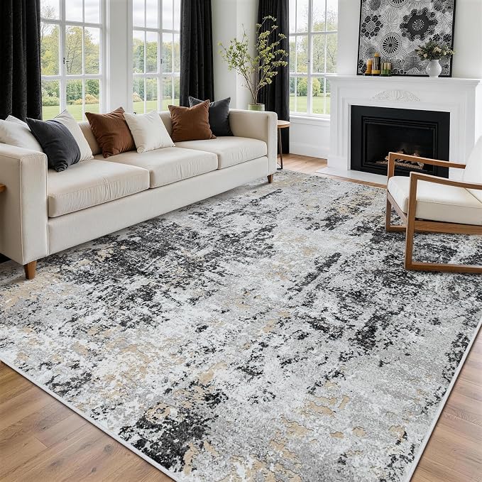 9x12 Area Rugs for Living Room Rug Washable: Abstract Large Rug for Dining Room Bedroom Carpet Non Slip 9 by 12 Indoor Modern Nursery Home Office Black Grey Gold