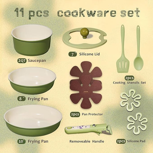 CAROTE 11pcs Ceramic Cookware Set, Pots and Pans Set Non stick, Induction Kitchen Cookware with Removable Handle, RV Dishwasher & Oven Safe, RV/Camping Cookware, PFOA Free, Green
