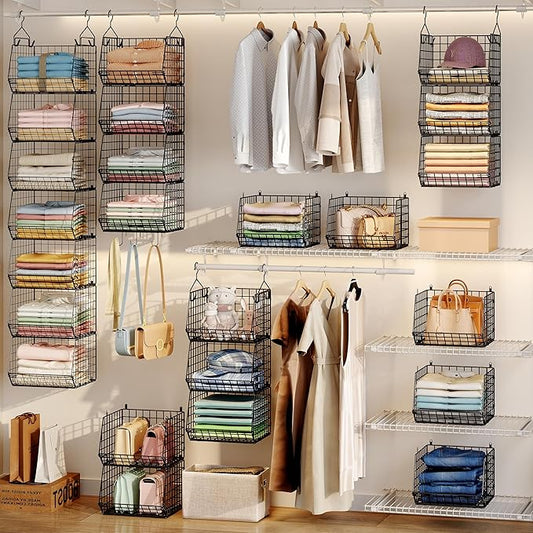 X-cosrack 7 Tier Foldable Hanging Closet Organizer and Storage,Wire Closet Shelving with 4 Large Hooks+ 5 S Hooks,Hanging Basket for Clothes Sweaters Shoes Handbags,Small Closet Organizers