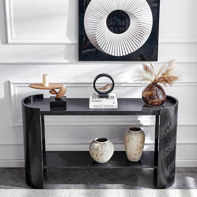 53" Console Table for Entryway, Narrow Sofa Entrance Table with Faux Mars Marble Pattern, Modern Sofa Tables with Storage Shelf for Living Room, Hallway, Foyer, Home Office, Black