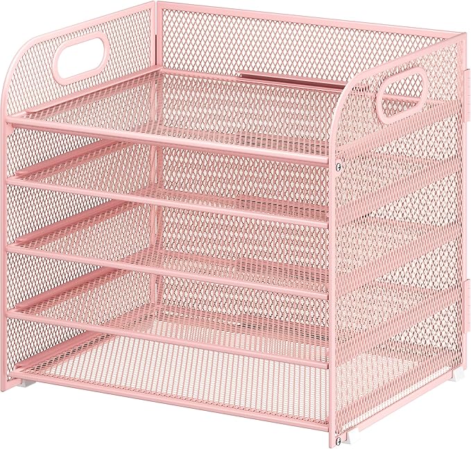 5 Tier Paper Organizer with Handle, Pink Metal Mesh Desk Organizer File Folder Paper Letter Tray Desktop Document Sorter for Classroom, School, Office Accessories Organization and Storage