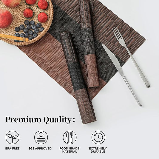 Leetaltree Brown with Black Striped Placemats Set of 12 - Heat Resistant Non-Slip Place mats for Dining Table, Washable Durable PVC Vinyl Woven Table Mats(Brown Stripe, 12)