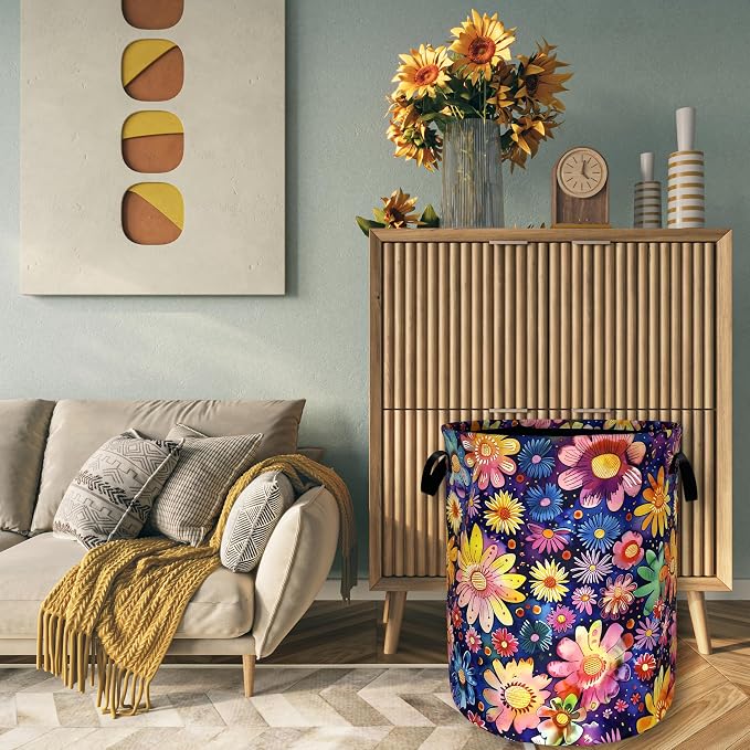 Abstract Hippie Flower Laundry Basket Watercolor Floral Laundry Hamper Foldable Oxford Cloth Colorful Tote Bag Clothes Toy Storage Bucket For Bathroom/Laundry Storage/Bedroom 18.9 x 16.5 Inch