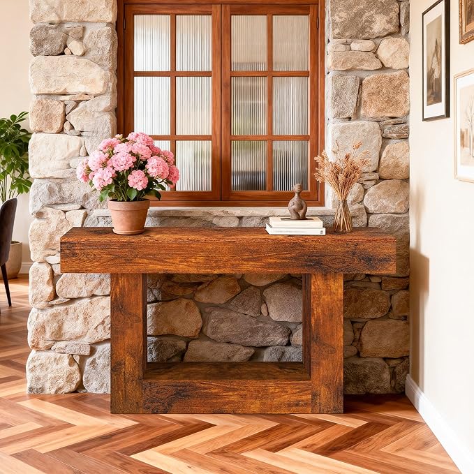 63 Inch Long Entryway Table U-Shaped Extension, Wooden Console Table with Socket Farmhouse Sofa Table for Entrance, Hallway, Living Room,Behind Couch(Rustic Brown)