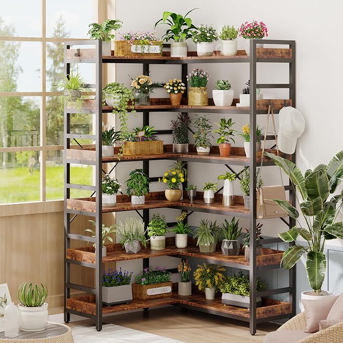 HCHQHS Adjustable Book Shelf with 8 Hooks, Reversible Corner Bookshelf, Industrial Wooden and Metal Bookcase for Living Room, Bedroom, Home Office (Rustic Brown, 6 Tier)