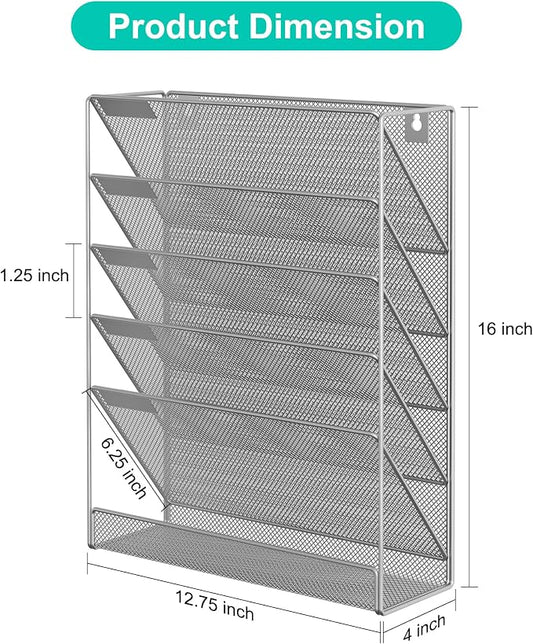 EasyPAG 5 Tier Wall File Holder, Mesh Hanging Folder Organizer with Classify Label, Versatile Desk File Holder, Vertical Wall Mounted Mail Organizer for Office Home Cubicle, Silver