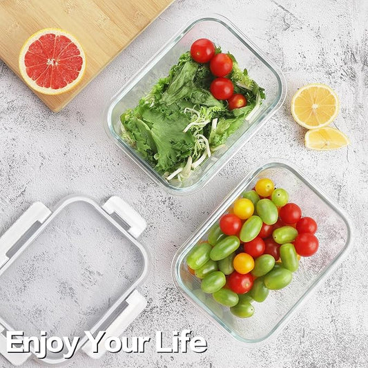 HOMBERKING 24pc Borosilicate Glass Food Storage Containers with Lids, Glass Meal Prep Containers with Leak Proof Snap Lock, Airtight Bento Lunch Boxes, Kitchen Storage (12 lids & 12 Containers)-White