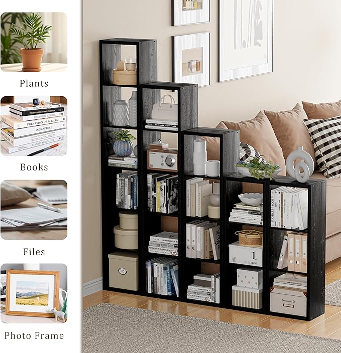 Tall Cube Storage Organizer Bookcase, 5 Tier 11 inch Open Back Cubical Shelf with Thickened Border, Display Bookshelf for Living Room, Home Office, Sturdy Room (Black, 5 Cube,Vertical)