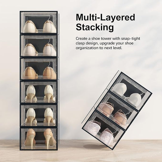 SEE SRPING XX-Large Shoe Storage Box Fit Size 14, Clear Plastic Stackable Shoe Organizer for Closet, Shoe Rack Sneaker Containers Bins Holders, Drawer Organize Unit, 12 Pack Black