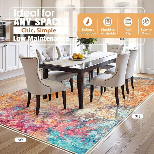 5x7 Area Rugs for Living Room Rug Washable: Abstract Rug for Dining Room Bedroom Carpet Non Slip 5 by 7 Indoor Modern Nursery Home Office Colorful