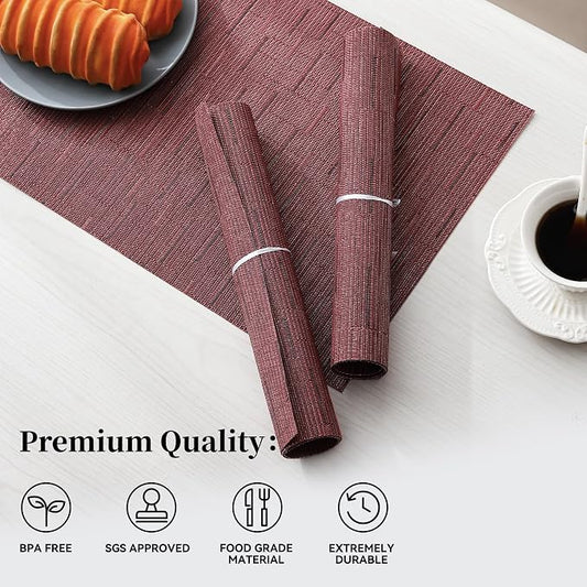 Leetaltree Burgundy Placemats Set of 6 - Heat Resistant Non-Slip Place mats for Dining Table, Washable Durable PVC Vinyl Woven Table Mats(Burgundy, 6)