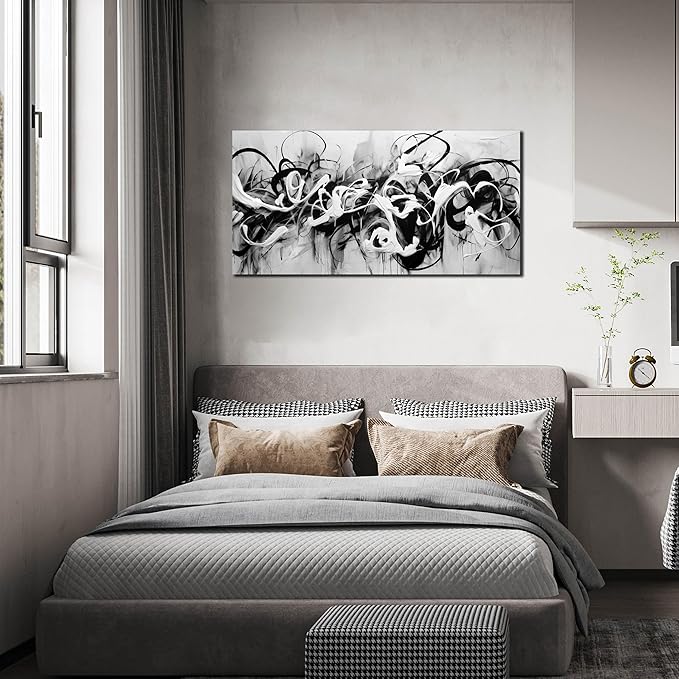 Abstract Canvas Wall Art for Living Room Bedroom Office Black and White Wall Art Abstract Line Picture Framed Wall Decor Modern Canvas Prints 20x40 In