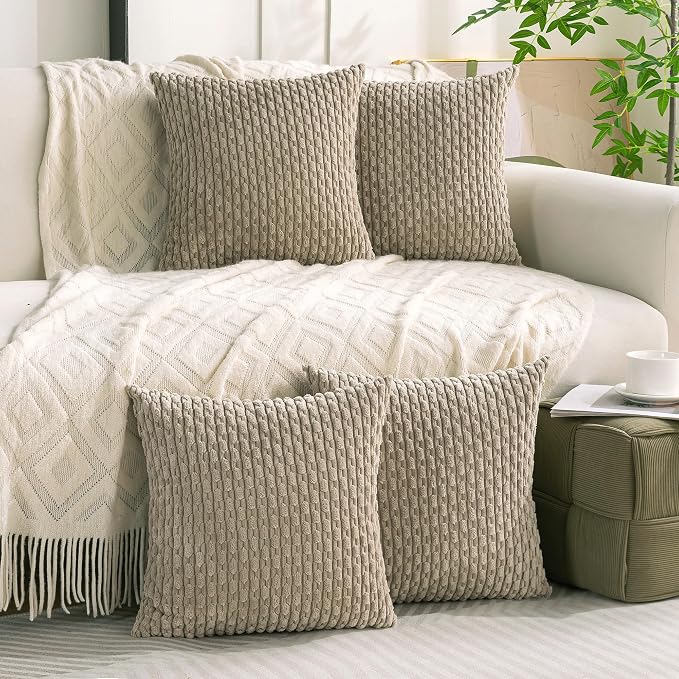 Set of 4 Taupe Decorative Throw Pillow Covers 16x16 Inch Corduroy Pillow Covers for Bed Couch Sofa Living Room Soft Square Cushion Cases