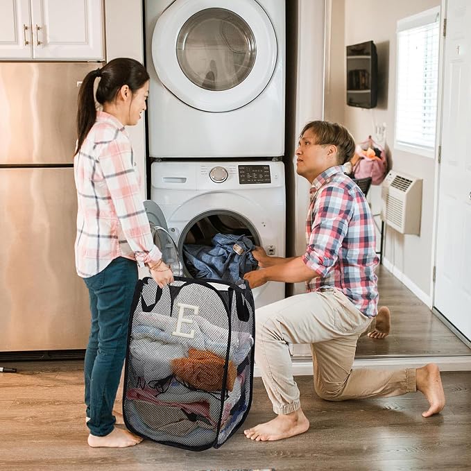 Collapsible Pop Up Laundry Hamper, Extra Large with Removable Initial Letter E, Mesh Foldable Laundry Basket, 28" x 16" x 16" (Black)