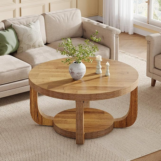 Tribesigns Round Coffee Table, 2-Tier Circle Coffee Table with Storage, Modern Wooden Accent Center Table for Living Room, Thick Tabletop & Base (Rustic Brown)