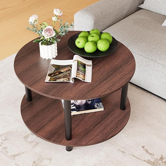 23.6" Round Coffee Table, 2-Tier Small Circle Coffee Table with Storage, Modern Center Accent Table with Metal Frame, Side Table End Table for Small Space, Living Room, Office, Walnut