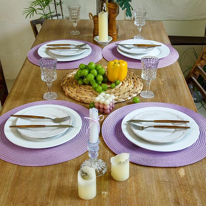 FunWheat Round Braided Placemats Set of 4 Table Mats for Dining Tables Woven Washable Non-Slip Place mats 15 inch(Lilac Purple,4pcs)