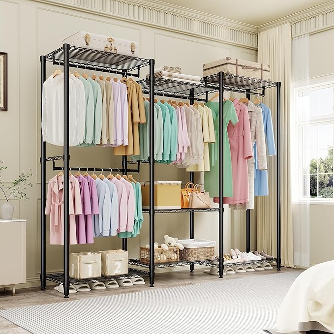 5-Tier Heavy Duty Clothes Rack, 1630LBS Load, Sturdy Metal Garment Rack with Wire Shelves, Multi-Functional Wardrobe Closet with Hanger Rods for Hanging Clothes, 15.5"D x 67.6"W x 76.5"H 