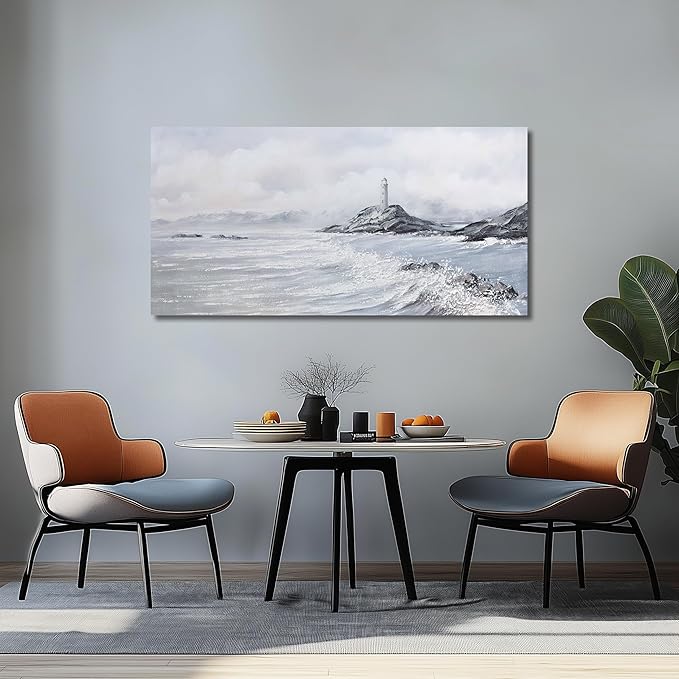 Belmrxne Coastal Wall Art Grey and White Ocean Wall Decor Lighthouse Canvas Painting Textured Aesthetic Artwork for Living Room Bedroom Dining Room Office 24x48 Inches