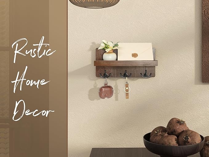 Rebee Vision Farmhouse Key Holder for Wall with Shelf: Decorative Mail Organizer and Key Rack Wall Mount with 3 Anchor Hooks - Rustic Entryway Decor (Retro Brown)