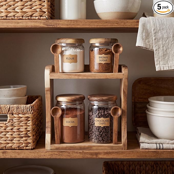 4-Pack 13 fl oz Wide Mouth Mason Jars w/Solid Acacia Wood Rack & Spoons