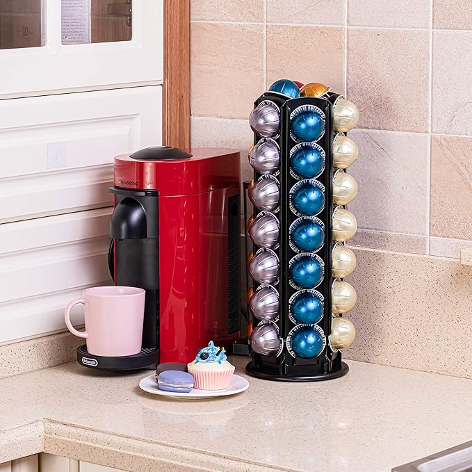 FlagShip Vertuo Pod Holder with Heavy-Duty Metal,Holds 50+ Pods for Nespresso Vertuoline,360°Carousel Rotating Smoothly & Silently,Small Coffee Pod Organizer Save Space