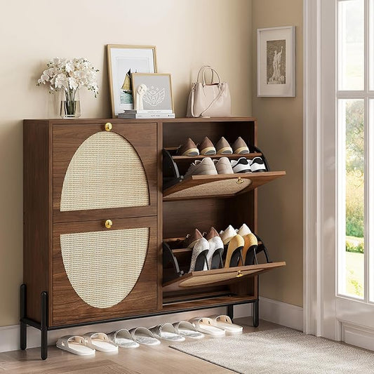IRONCK Rattan Shoe Cabinet Storage with 4 Flip Drawers, Freestanding Shoe Storage Organizer Cabinet for Entryway, Narrow Shoe Rack Cabinet, Walnut