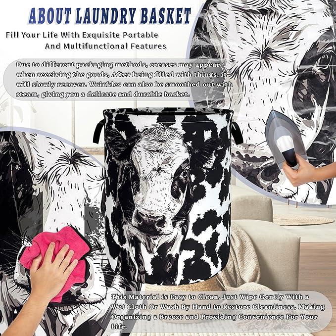 Personalize Black White Cow Laundry Basket Oxford Cloth Foldable Animal Laundry Hamper With Handle Portable Clothes Storage Organizer Basket 18.9x16.5Inch Laundry Bag For Laundry Room/Bedroom/Bathroom