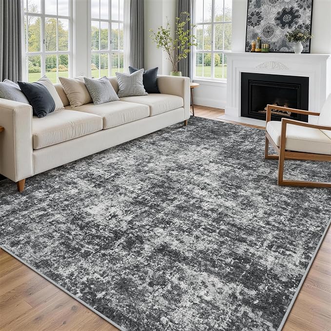 9x12 Area Rugs for Living Room Rug Washable: Abstract Large Rug for Dining Room Bedroom Carpet Non Slip 9 by 12 Indoor Modern Nursery Home Office Black Grey