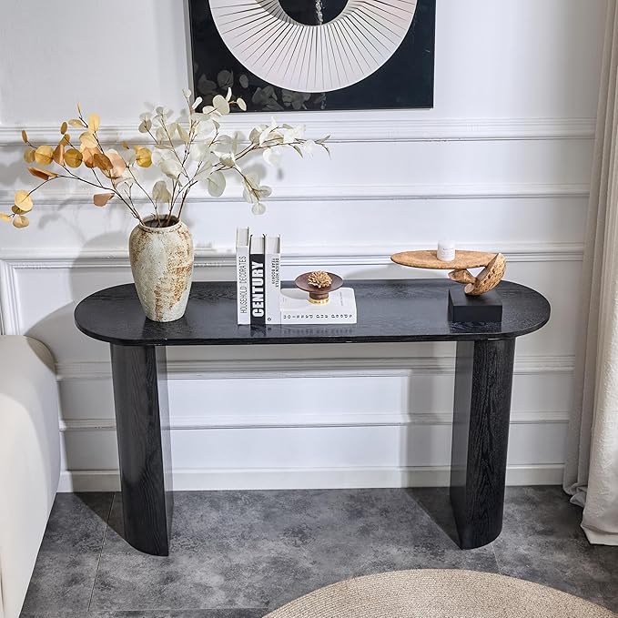55" Console Table for Entryway, Narrow Sofa Entrance Table with Faux Mars Marble Pattern, Modern Sofa Tables with Rounded Curved Edges for Living Room, Hallway, Foyer, Home Office, Black