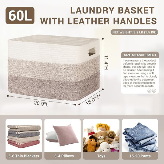 60L Laundry Basket with Leather Handles for Living Room Storage, Woven Rope Baskets Bin for Blanket, Kids Toy, Gifts, Wicker Hamper for Bedroom Dirty Clothes, Gradient Brown
