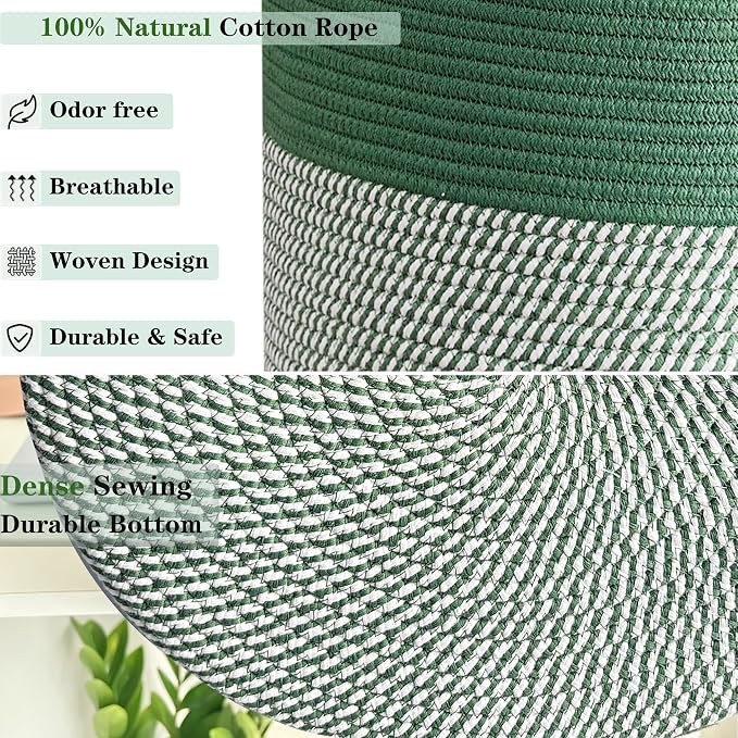 80L Extra Large Green Laundry Hamper Basket, Tall Woven Hamper for Bedroom, Cotton Rope Laundry Basket for Clothes, 16x22 Inches