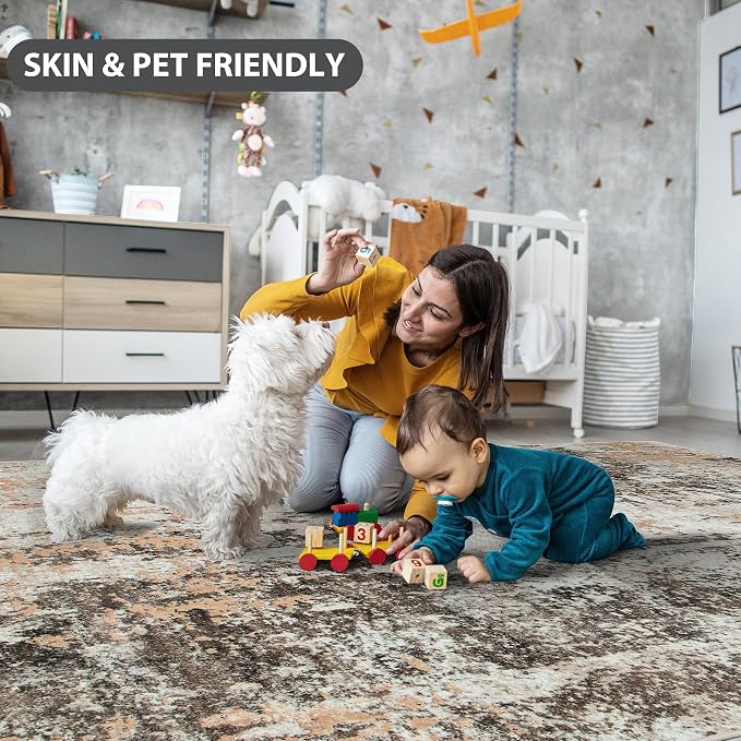 Runner Rug for Hallways Kitchen 2'6"x8' Washable Non Slip: Carpet Non Skid 8ft Entryway Rubber Backed 8 Feet Neutral Abstract Modern Rug Low Pile Pet Friendly Indoor Brown Beige