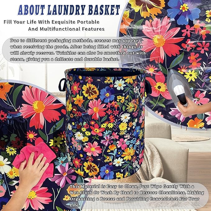 Colorful Flowers Laundry Basket Oxford Cloth Foldable Floral Laundry Hamper With Handle Portable Clothes Storage Organizer Basket 18.9x16.5 Inch Laundry Bag For Laundry Room/Bedroom/Bathroom