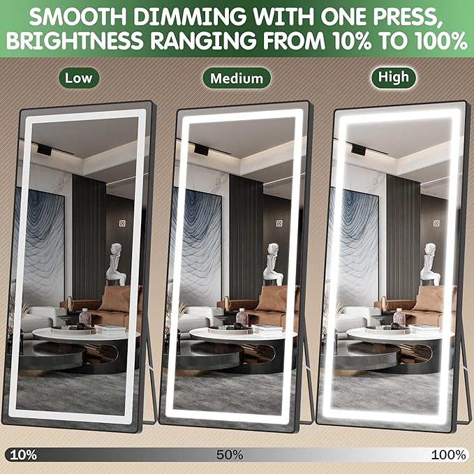 FENNIO Full Length Mirror with Lights, 80" x 36" LED Full Body Mirror, Wall Mounted Hanging Mirror with Lights for Bedroom, Salon, Dimmable & 3 Color Lighting, Tempered Glass