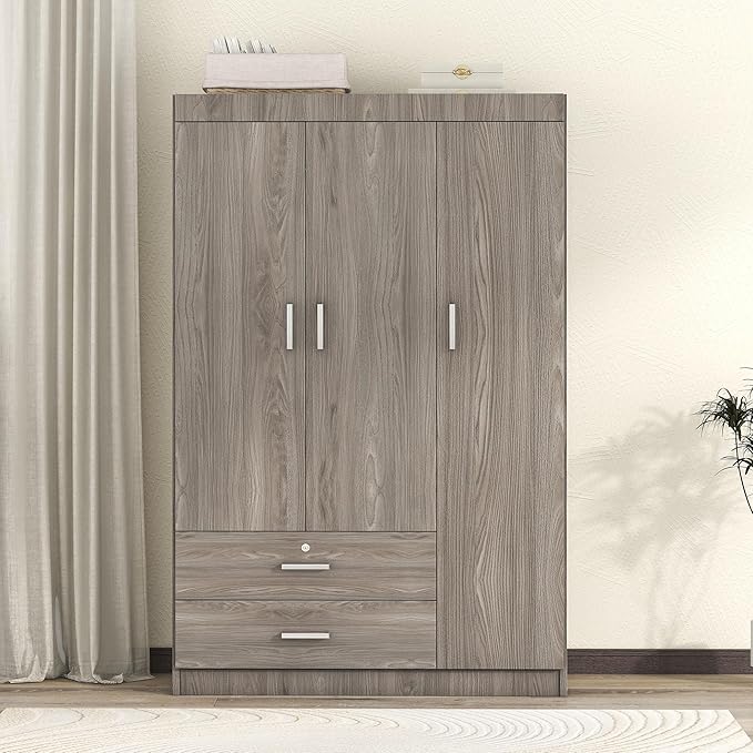 3 Door Wardrobe Cabinet Closet with Storage Drawers, Shelves and Hanging Rail for Clothes, Bedroom Organizer Funiture