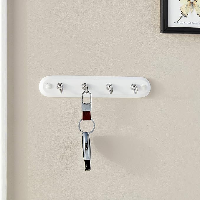 Spectrum Modern Key Holder Wall Mount Rack for Entryway Garage Mudroom Hanging Organization, Easy Install Contemporary Key Ring Holder Rack for Keychains Rings and Fobs, White Wood with Chrome Hooks