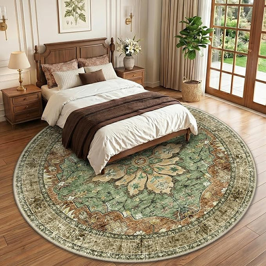 RELEANY Area Rugs Round 10ft Washable Non-Slip, Floral Vintage Distress Medallion Carpet for Living Room Bedroom Dining Room, Terracotta Burnt Orange Green
