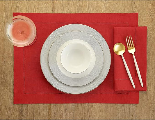 Solino Home Linen Cloth Placemats Set of 6-100% Pure Linen Hemstitch Red Placemats 14 x 19 Inch - Classic Hemstitch Table Place Mats for Valentines, Winter